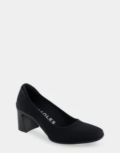 Comfortable Women's Mid Heel Pump in Black Stretch Fabric Stretch Fabric