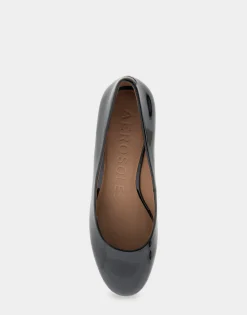 Comfortable Women's Mid Heel Pump in Black Patent Faux Leather