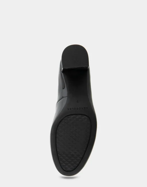 Comfortable Women's Mid Heel Pump in Black Patent Faux Leather
