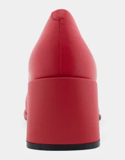 Comfortable Women's Mid Heel Pump in Red Genuine Leather