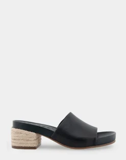 Comfortable Women's Molded Footbed Low Block Heel Slide in Black Leather