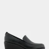 Comfortable Women's Molded Crepe Textured Wedge Loafer in Black Faux Leather