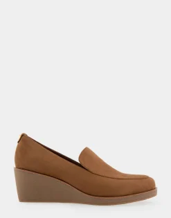 Comfortable Women's Molded Crepe Textured Wedge Loafer in Tobacco Faux Suede
