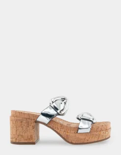 Comfortable Women's Molded Footbed Platform Slide Sandal in Silver Mirror Metallic Faux Leather