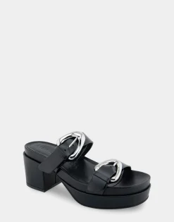 Comfortable Women's Molded Footbed Platform Slide Sandal in Black Leather