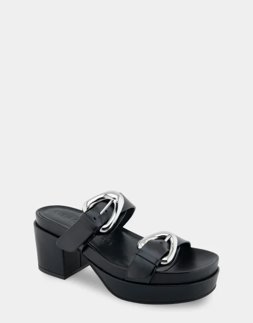 Comfortable Women's Molded Footbed Platform Slide Sandal in Black Leather