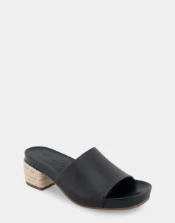Comfortable Women's Molded Footbed Low Block Heel Slide in Black Leather