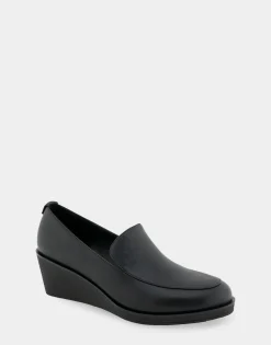 Comfortable Women's Molded Crepe Textured Wedge Loafer in Black Faux Leather
