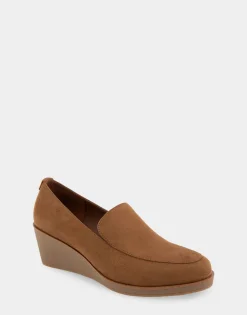 Comfortable Women's Molded Crepe Textured Wedge Loafer in Tobacco Faux Suede