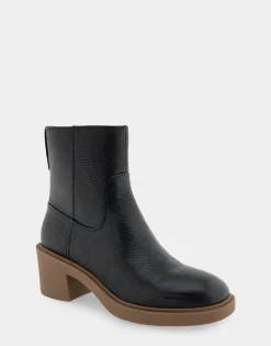 Comfortable Women's Molded Block Heel Bootie in Black Grainy Leather Leather