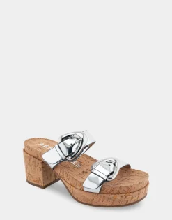 Comfortable Women's Molded Footbed Platform Slide Sandal in Silver Mirror Metallic Faux Leather