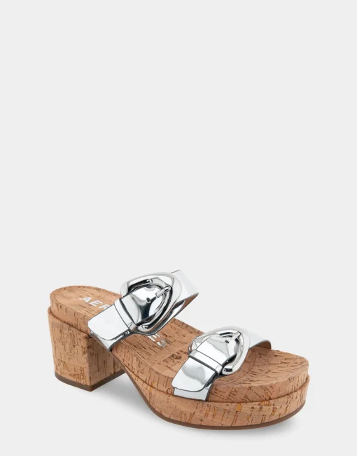 Comfortable Women's Molded Footbed Platform Slide Sandal in Silver Mirror Metallic Faux Leather