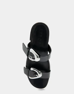 Comfortable Women's Molded Footbed Platform Slide Sandal in Black Leather