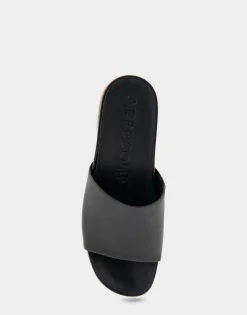 Comfortable Women's Molded Footbed Low Block Heel Slide in Black Leather