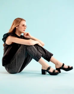 Comfortable Women's Molded Footbed Platform Slide Sandal in Black Leather