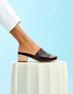 Comfortable Women's Molded Footbed Low Block Heel Slide in Black Leather