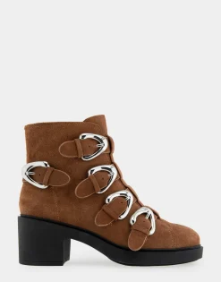 Comfortable Women's Multi Buckle Biker Bootie in Tobacco Suede