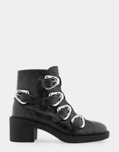 Comfortable Women's Multi Buckle Biker Bootie in Black Crackled Leather
