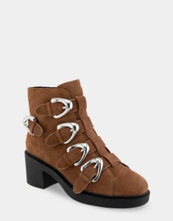 Comfortable Women's Multi Buckle Biker Bootie in Tobacco Suede