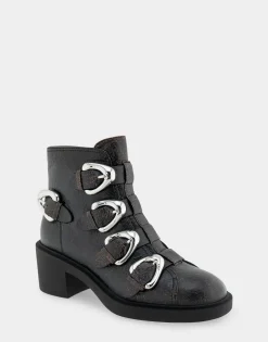 Comfortable Women's Multi Buckle Biker Bootie in Black Crackled Leather
