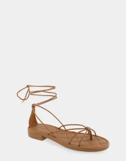 Comfortable Women's Multi Strap Lace Up Sandal in Tan Faux Leather