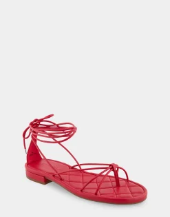 Comfortable Women's Multi Strap Lace Up Sandal in Red Faux Leather