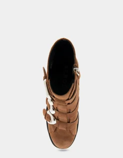 Comfortable Women's Multi Buckle Biker Bootie in Tobacco Suede