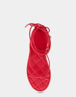 Comfortable Women's Multi Strap Lace Up Sandal in Red Faux Leather
