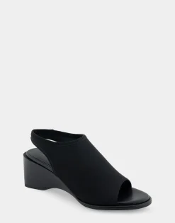 Comfortable Women's Open Toe Stretch Wedge Shootie in Black Allover Stretch Gabardine Fabric