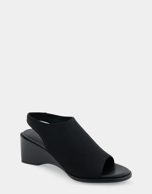 Comfortable Women's Open Toe Stretch Wedge Shootie in Black Allover Stretch Gabardine Fabric