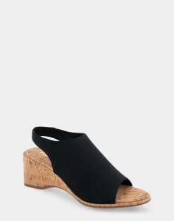 Comfortable Women's Open Toe Stretch Wedge Shootie in Black Stretch Gabardine Cork Fabric Gabardine Stretch Fabric