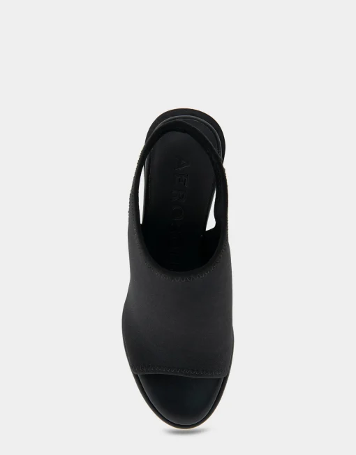 Comfortable Women's Open Toe Stretch Wedge Shootie in Black Allover Stretch Gabardine Fabric