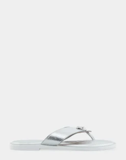Comfortable Women's Ornamented Thong Sandal in Silver Faux Leather