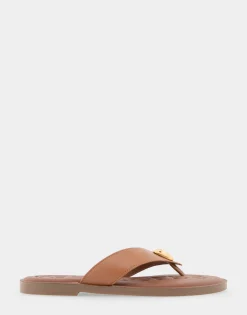 Comfortable Women's Ornamented Thong Sandal in Tan Faux Leather