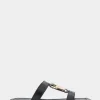 Comfortable Women's Ornamented T-strap Slide Sandal in Black Leather