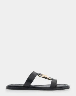 Comfortable Women's Ornamented T-strap Slide Sandal in Black Leather