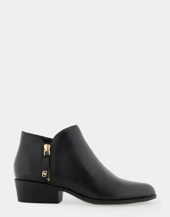 Comfortable Women's Ornamented Zipper Low Bootie in Black Burnished Leather Leather