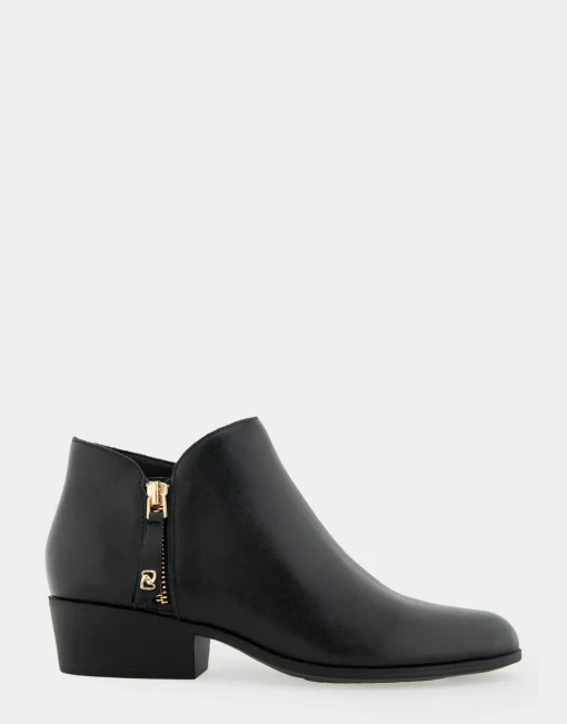 Comfortable Women's Ornamented Zipper Low Bootie in Black Burnished Leather Leather