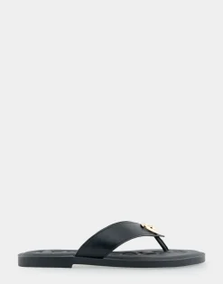 Comfortable Women's Ornamented Thong Sandal in Black Faux Leather