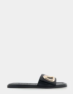 Comfortable Women's Ornamented Single Band Slide Sandal in Black Leather