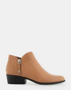 Comfortable Women's Ornamented Zipper Low Bootie in Camel Burnished Leather Leather