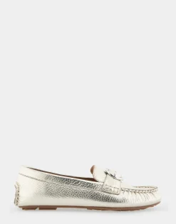 Comfortable Women's Ornamented Driver in Soft Gold Leather