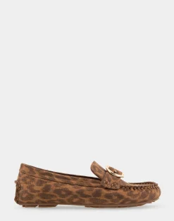Comfortable Women's Ornamented Driver in Leopard Metallic Fabric Leather