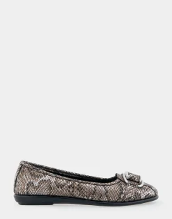 Comfortable Women's Ornamented Flat in Antique Bronze Snake Print Faux Leather Snake Faux Leather