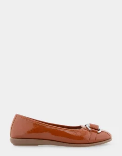 Comfortable Women's Ornamented Flat in Tan Crinkled Patent Faux Leather Patent Faux Leather