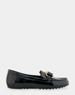Comfortable Women's Ornamented Loafer in Black Crinkled Patent Faux Leather Patent Faux Leather