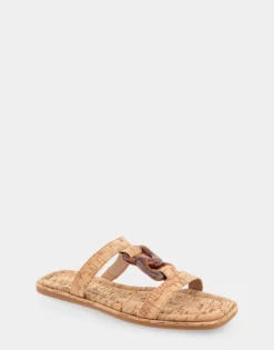 Comfortable Women's Ornamented T-strap Slide Sandal in Cork Cork