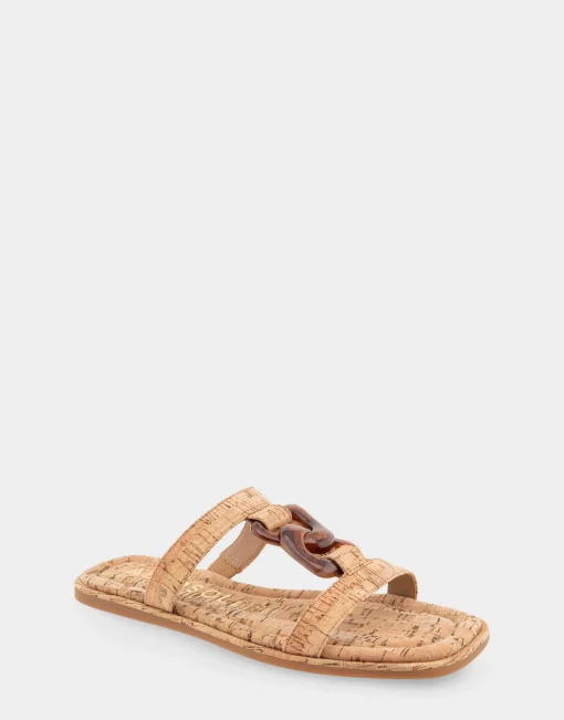 Comfortable Women's Ornamented T-strap Slide Sandal in Cork Cork