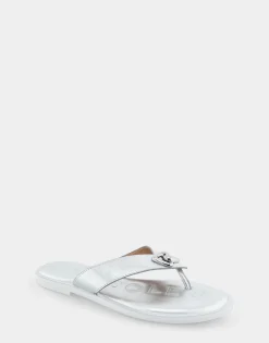 Comfortable Women's Ornamented Thong Sandal in Silver Faux Leather