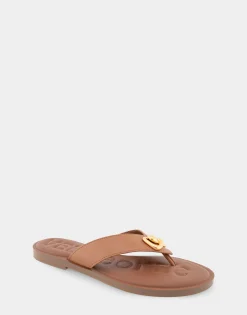 Comfortable Women's Ornamented Thong Sandal in Tan Faux Leather